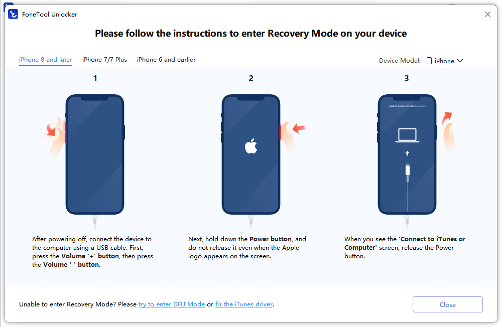 Enter Recovery mode on ios screen on fonetool unlocker software