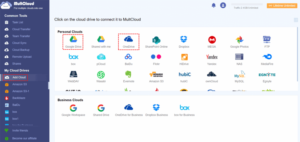Multcloud software cloud selection screen for cloud transfer