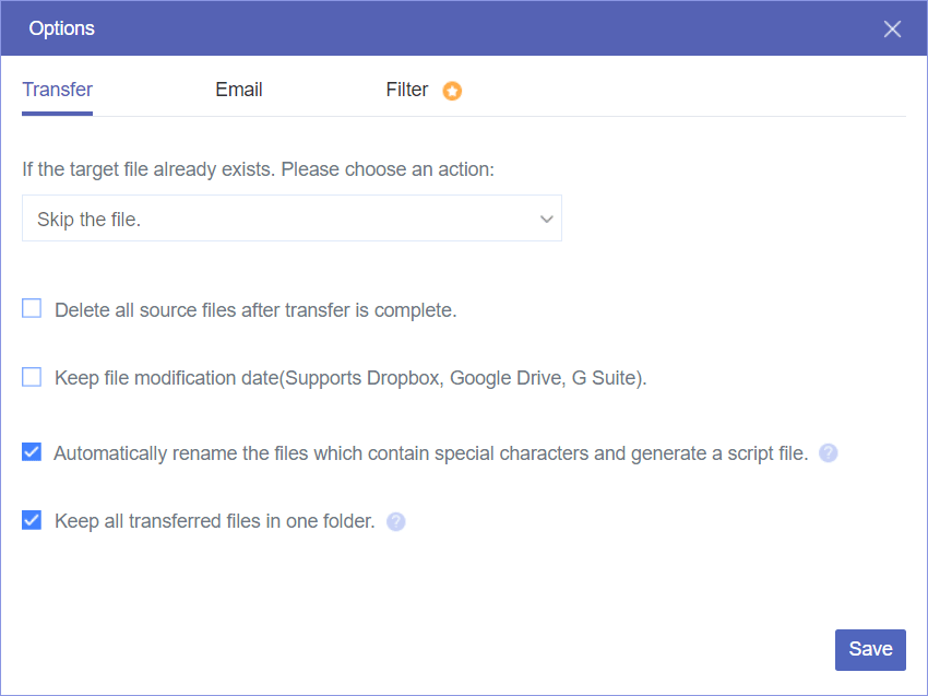 Multcloud software cloud transfer settings option screen for cloud to cloud transfer