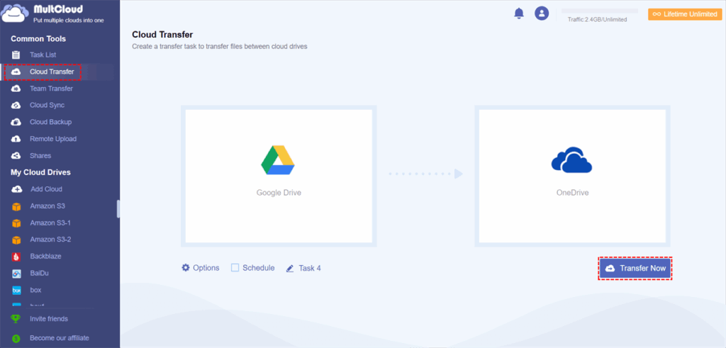 Multcloud software cloud transfer start screen for cloud to cloud transfer