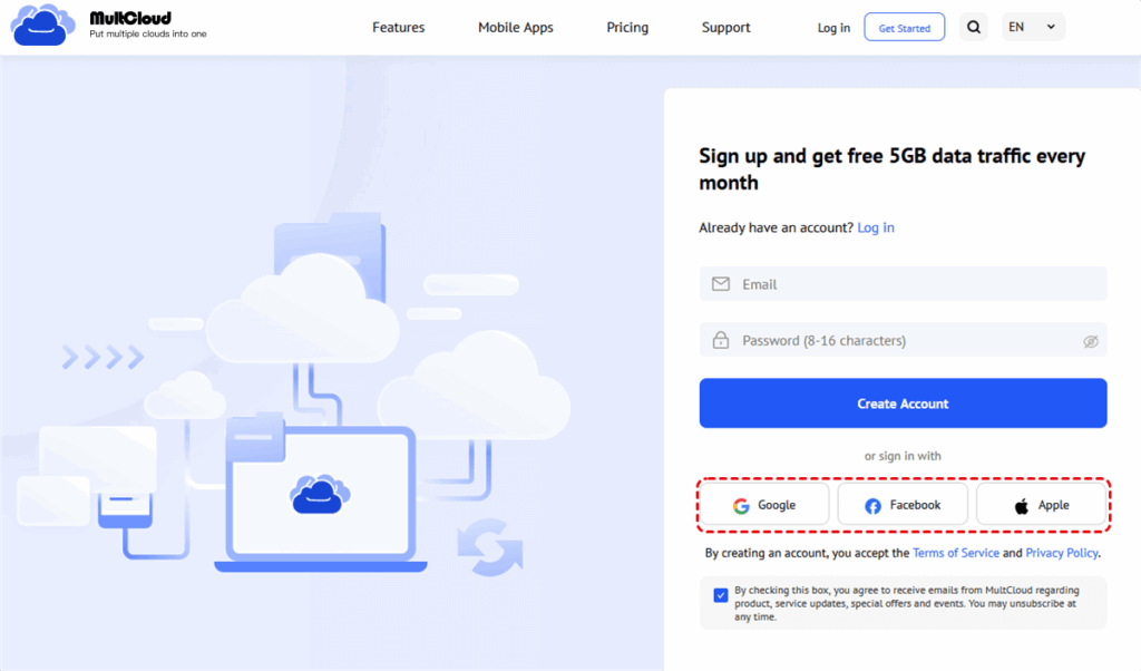 Multcloud software signup page for cloud transfer