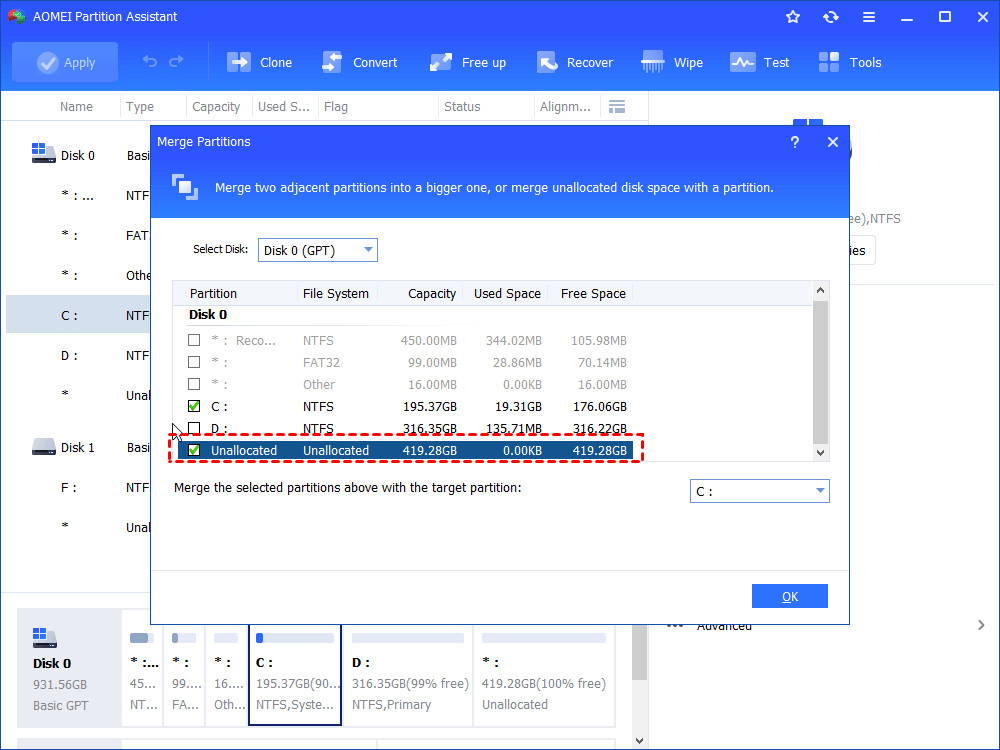 Partition Software for Windows Partition Assistant Merge Partition Screen 2