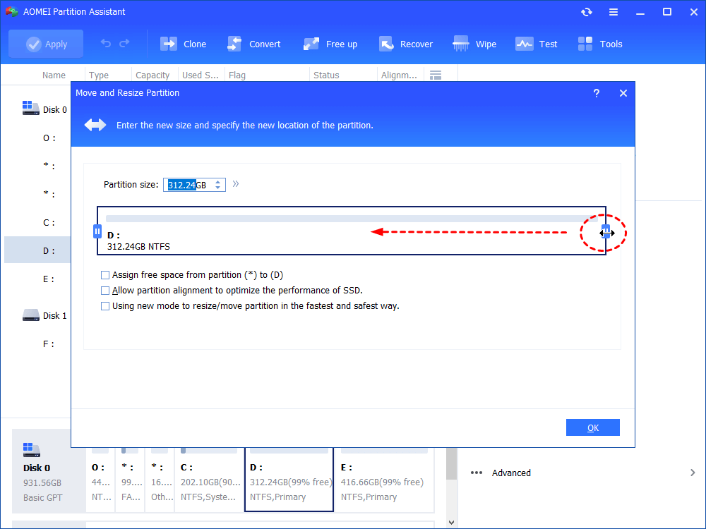 Partition Software for Windows Partition Assistant Partition Size Selection Screen