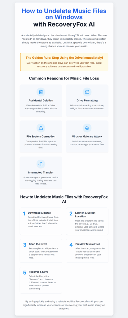 Infographic about using recoveryFoxAI to undelete music files on windows 11