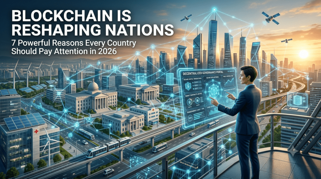Blockchain technology connecting smart cities and government institutions to improve transparency, security, and digital governance in 2026