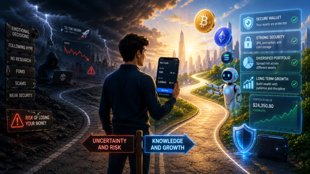 eginner learning how to buy their first crypto coin safely on a smartphone