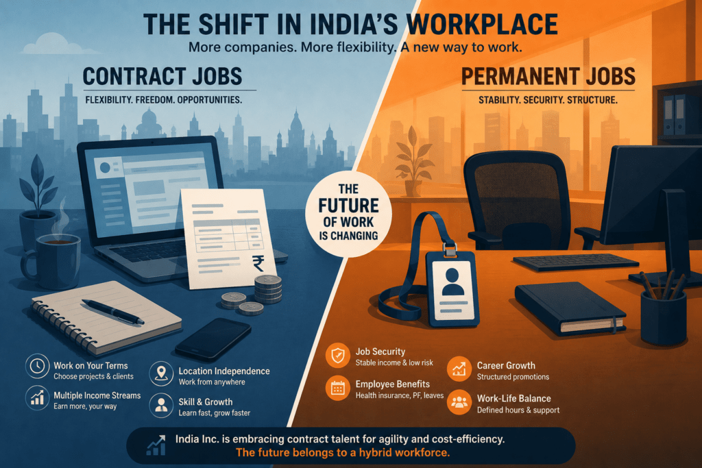 Split-screen illustration comparing contract jobs and permanent jobs in India