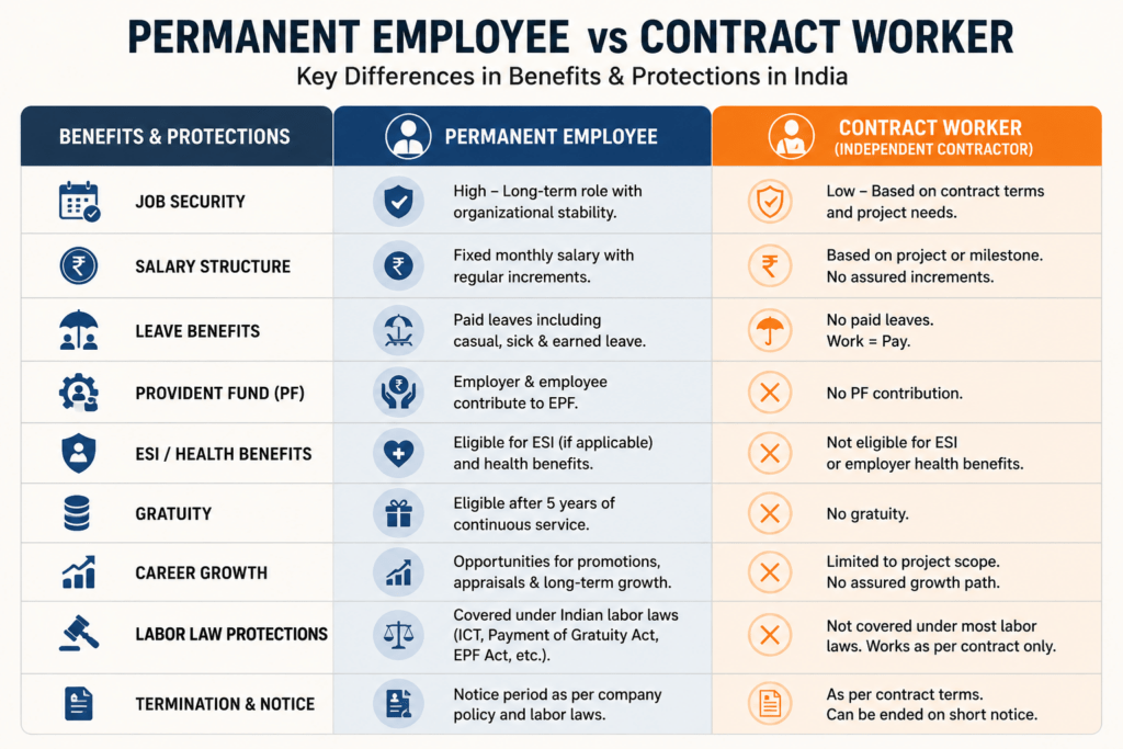 Table comparing permanent employee and contract worker benefits in India