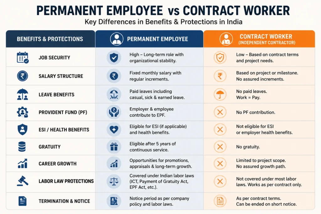 Table comparing permanent employee and contract worker benefits in India