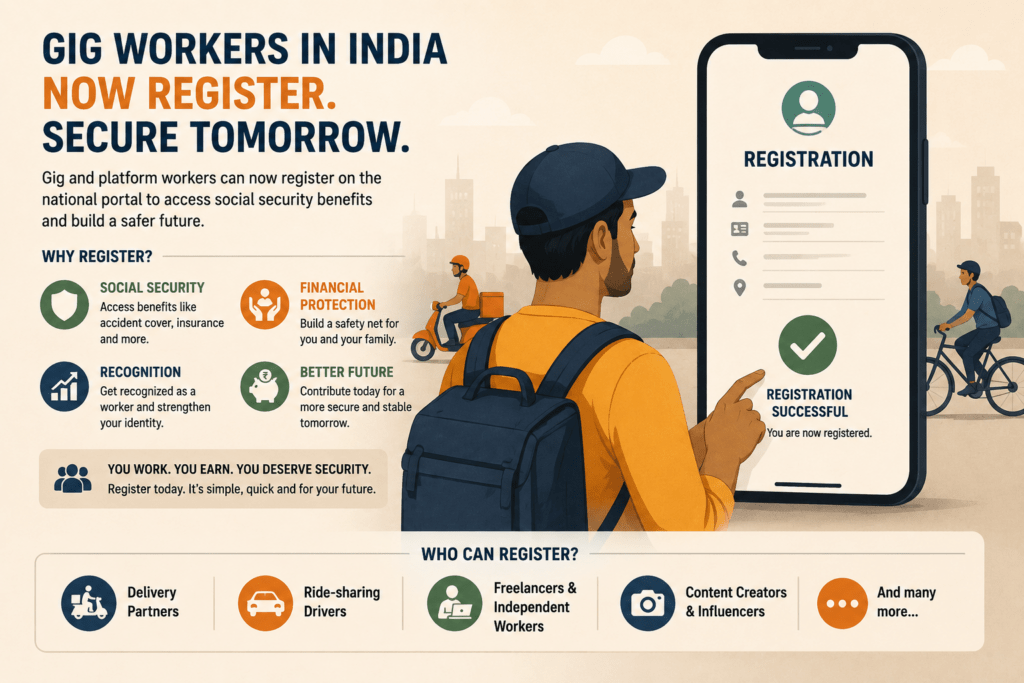 Illustration of a gig worker registering on India's e-Shram portal