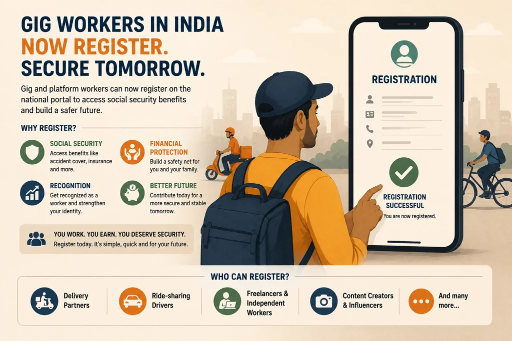 Illustration of a gig worker registering on India's e-Shram portal