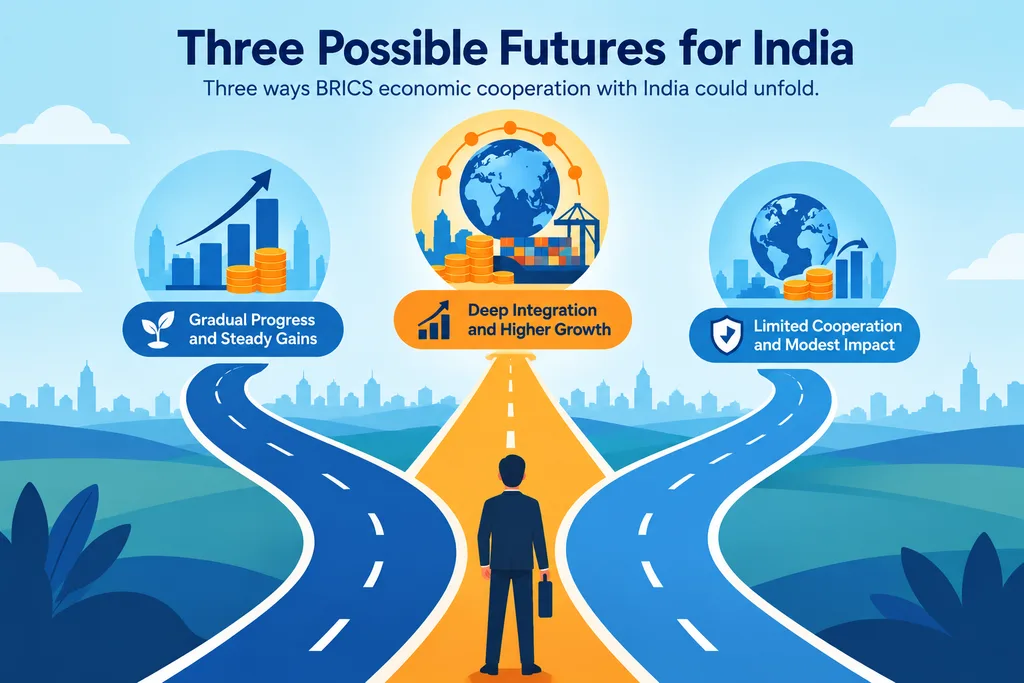 Three-path illustration representing gradual, faster and limited BRICS integration scenarios