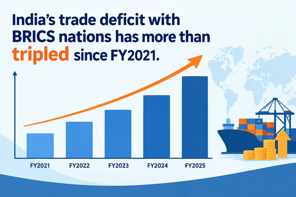 Bar chart style graphic showing India's BRICS trade deficit growing over five years