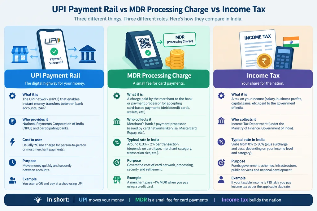 Comparison showing UPI payment rail versus MDR charge versus income tax in India