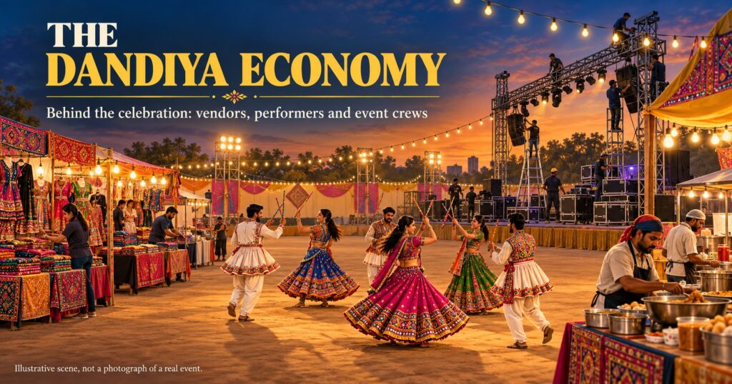 Dandiya economy scene with dancers, vendors and a lighting crew preparing an evening Garba ground