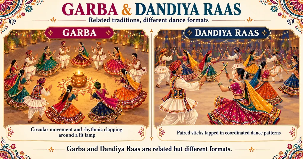 Illustration of a Garba circle around a lit lamp beside Dandiya Raas dancers using paired sticks