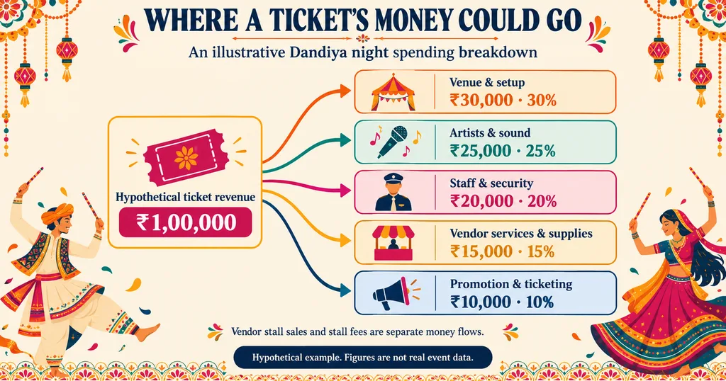 Illustrative diagram of Dandiya economy spending flowing from tickets to venue, artists, staff and vendors